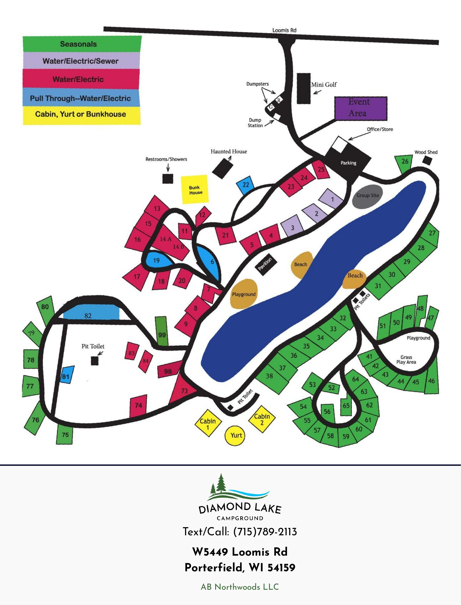 Color map of Diamond Lake Campground showing campsites, beaches, and facilities